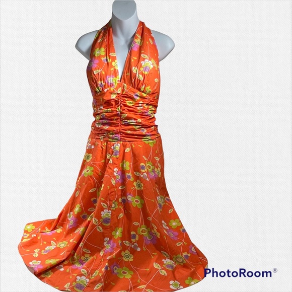 Philip DiCaprio Orange Floral Halter Swing Dress 12 - Picture 4 of 9